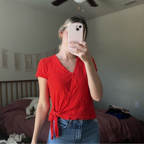 SOLD ON CROSSPOST Madewell 100% cotton bright red faux wrap blouse - Picture 3 of 8
